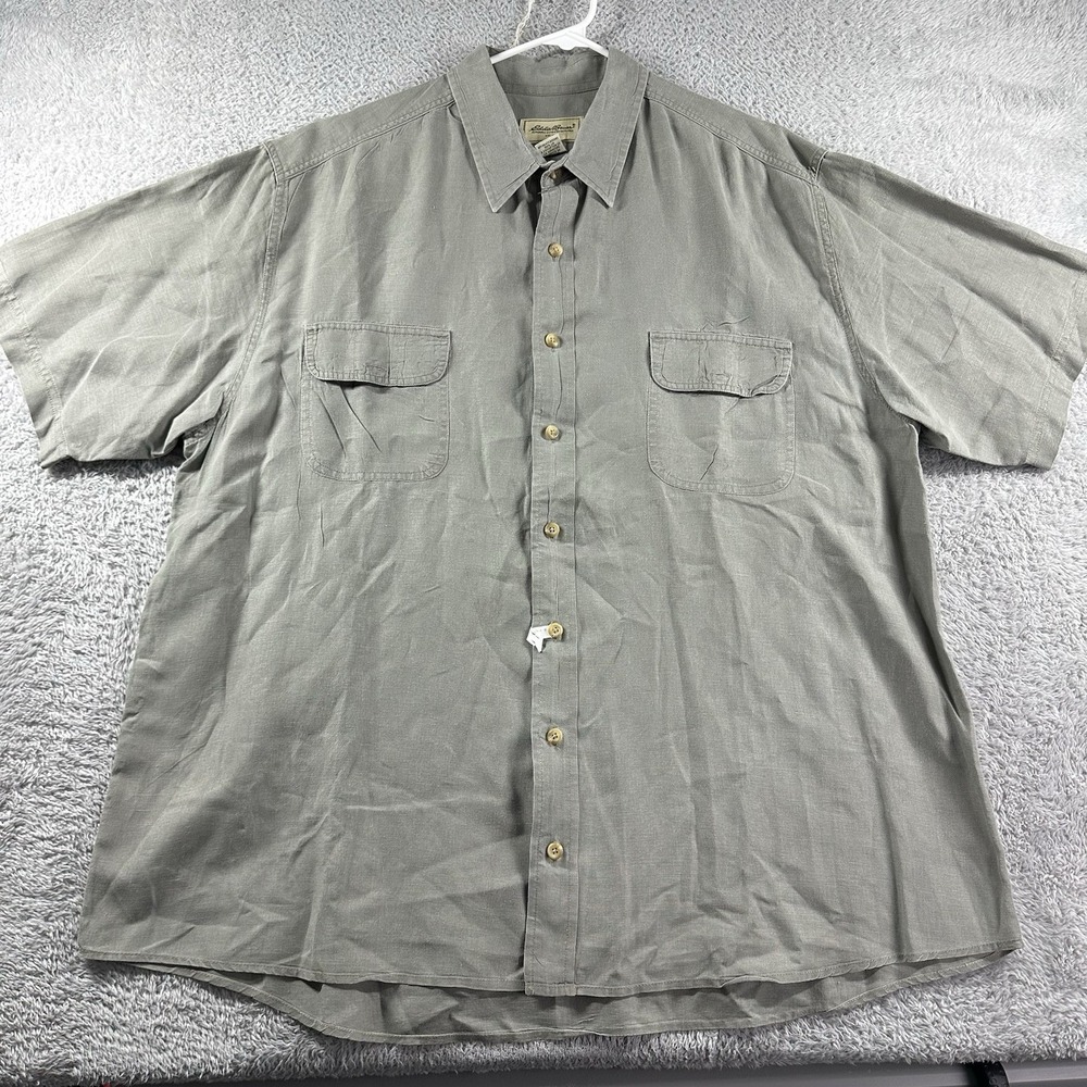 Eddie Bauer Linen Camp Shirt Mens XL‎ Tall Brown Green Button Up Short Sleeve